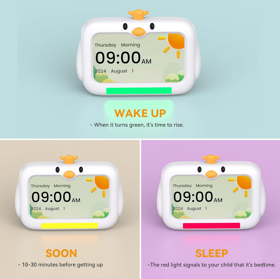 Kids Alarm Clock - OK to Wake Clock for Toddlers,7 Inch Sleep Training Clocks with Red/Green Lights, 8 Natural Sounds & 2 Levels Night Lights for Children.